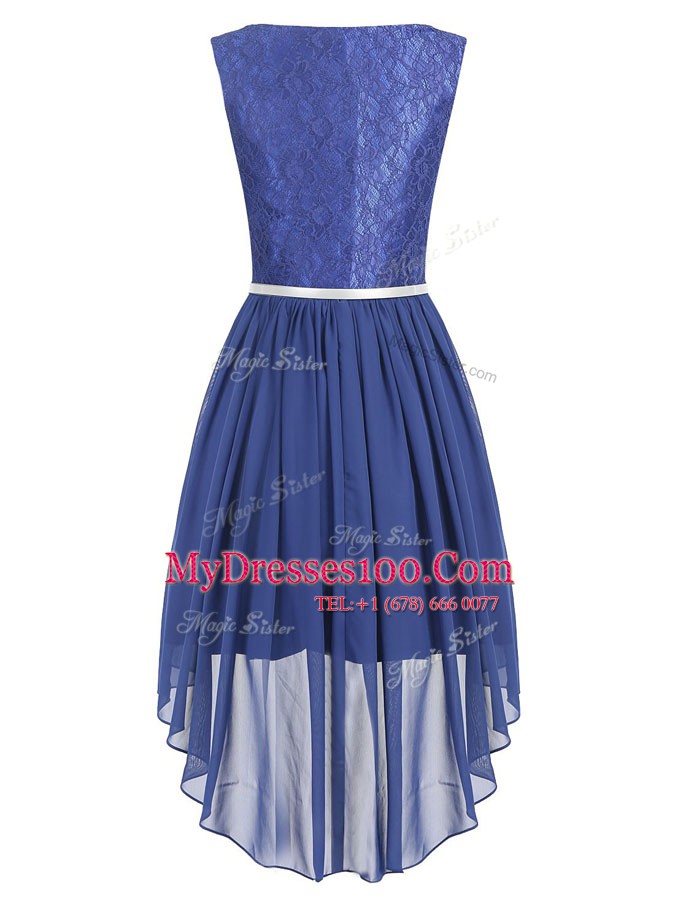 Shining Scoop Blue Chiffon Side Zipper Party Dress for Girls Sleeveless High Low Lace and Belt