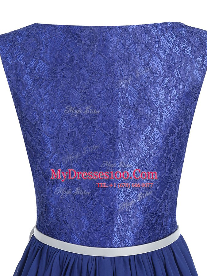 Shining Scoop Blue Chiffon Side Zipper Party Dress for Girls Sleeveless High Low Lace and Belt
