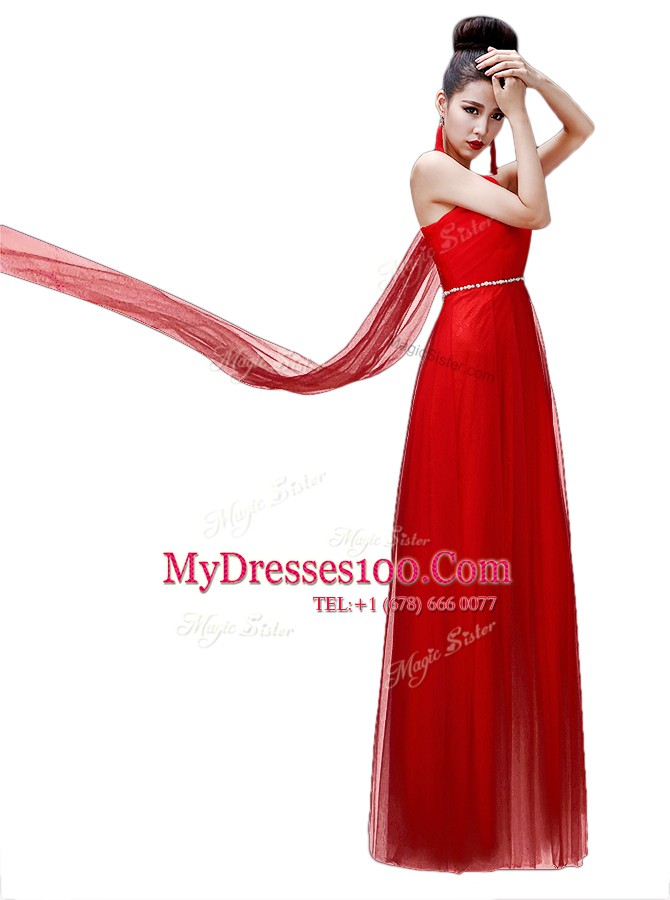 Classical Empire Prom Evening Gown Coral Red One Shoulder Chiffon Sleeveless Floor Length Side Zipper
