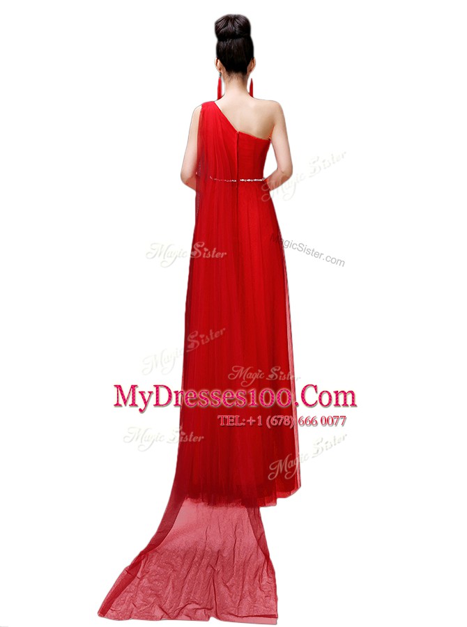 Classical Empire Prom Evening Gown Coral Red One Shoulder Chiffon Sleeveless Floor Length Side Zipper