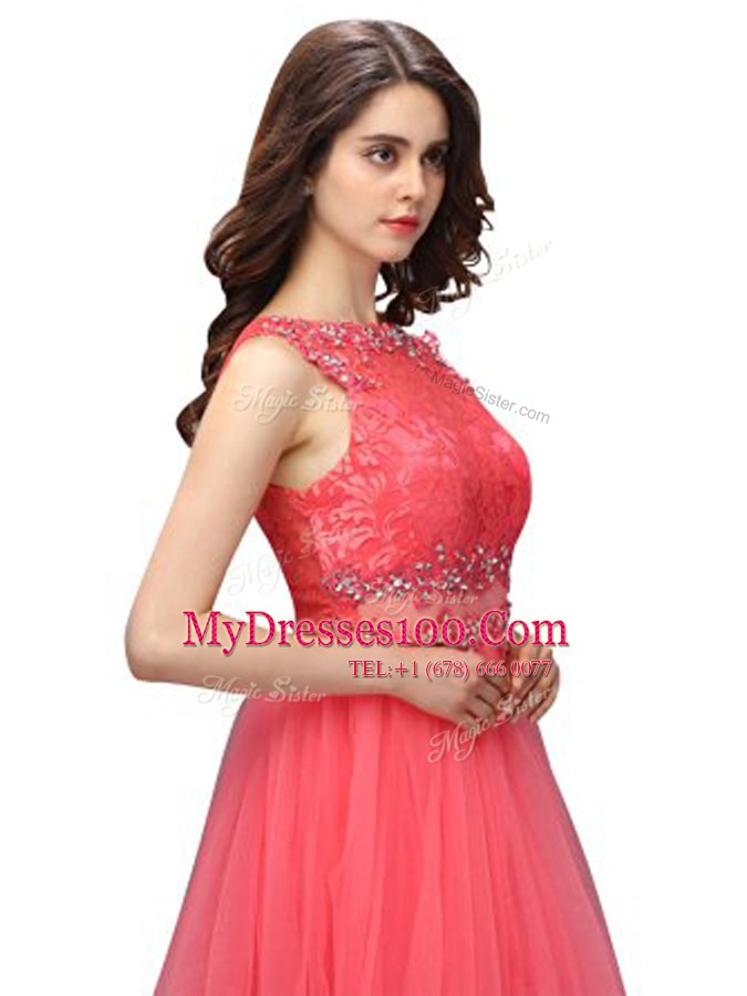 Watermelon Red A-line Beading and Lace Cocktail Dresses Zipper Organza Sleeveless Mini Length