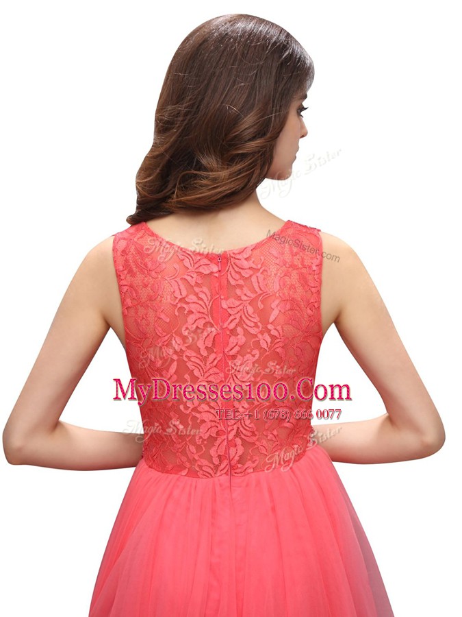 Watermelon Red A-line Beading and Lace Cocktail Dresses Zipper Organza Sleeveless Mini Length