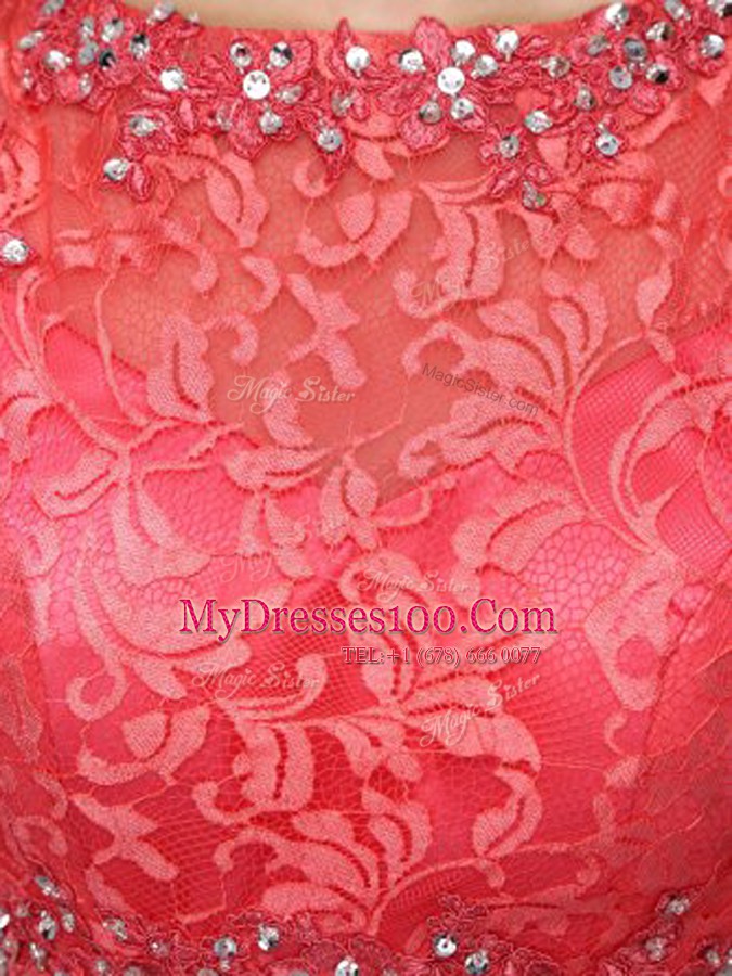 Watermelon Red A-line Beading and Lace Cocktail Dresses Zipper Organza Sleeveless Mini Length