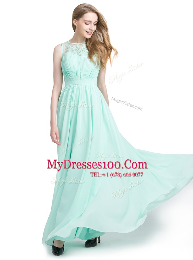 Nice Turquoise Chiffon Zipper Prom Dresses Sleeveless Floor Length Appliques