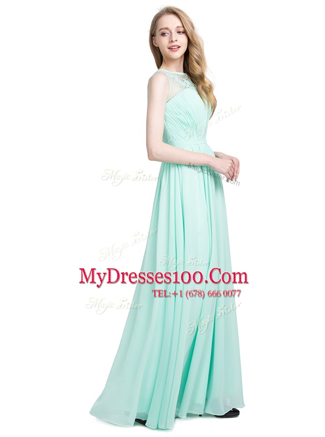 Nice Turquoise Chiffon Zipper Prom Dresses Sleeveless Floor Length Appliques