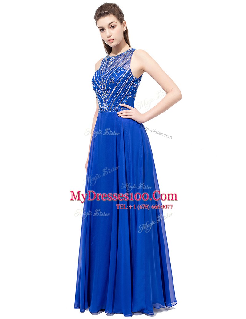 Modern Scoop Royal Blue Zipper Evening Dress Beading Sleeveless Floor Length