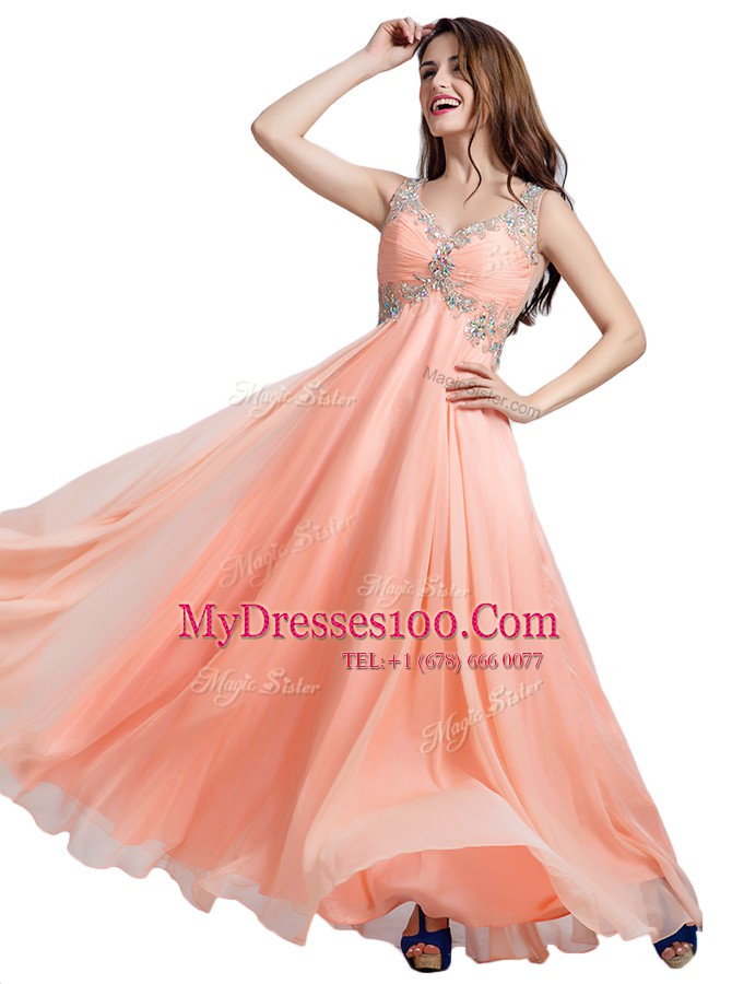 Hot Sale Floor Length Peach Evening Dress V-neck Sleeveless Backless