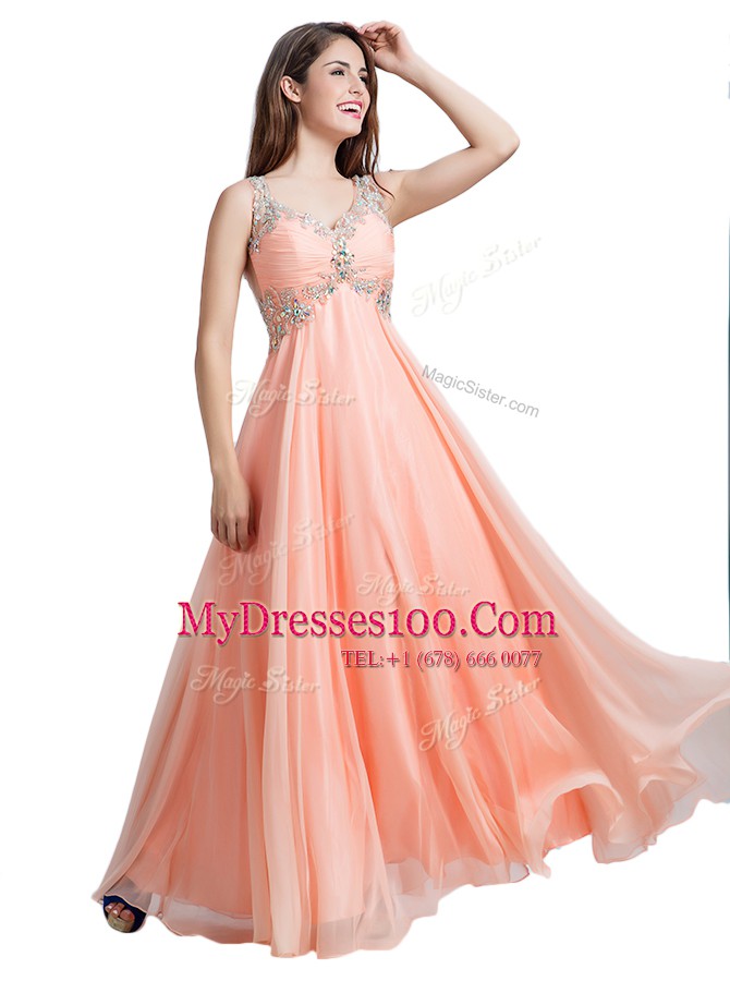 Hot Sale Floor Length Peach Evening Dress V-neck Sleeveless Backless