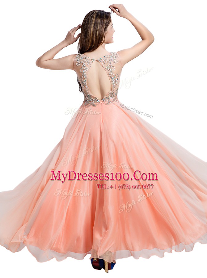 Hot Sale Floor Length Peach Evening Dress V-neck Sleeveless Backless