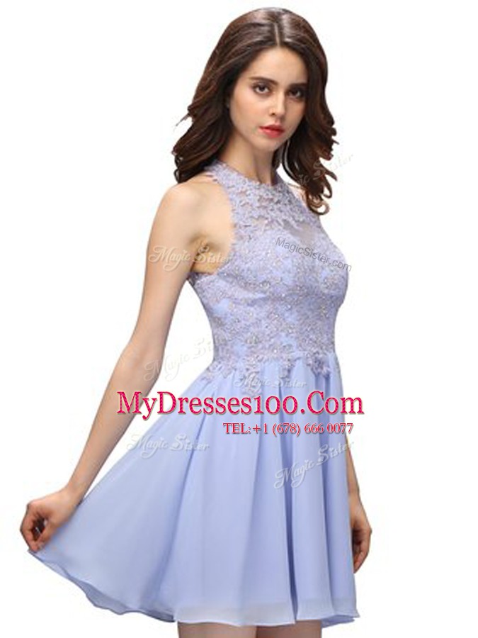 Edgy Halter Top Lavender Sleeveless Beading and Lace Mini Length Teens Party Dress