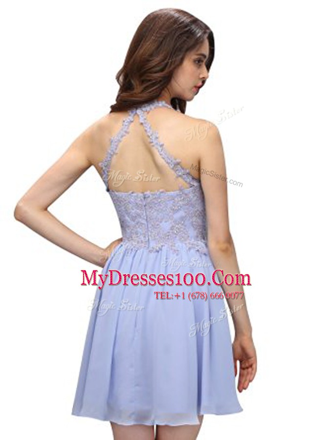 Edgy Halter Top Lavender Sleeveless Beading and Lace Mini Length Teens Party Dress