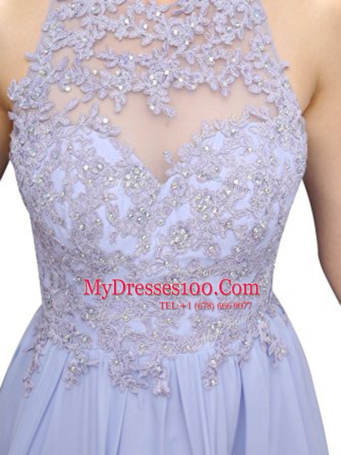 Edgy Halter Top Lavender Sleeveless Beading and Lace Mini Length Teens Party Dress