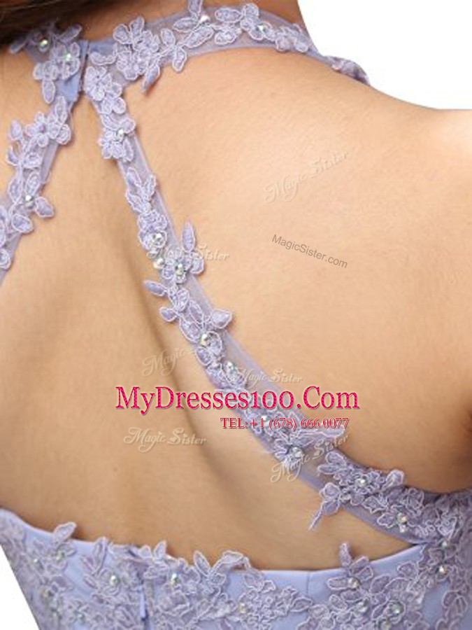Edgy Halter Top Lavender Sleeveless Beading and Lace Mini Length Teens Party Dress