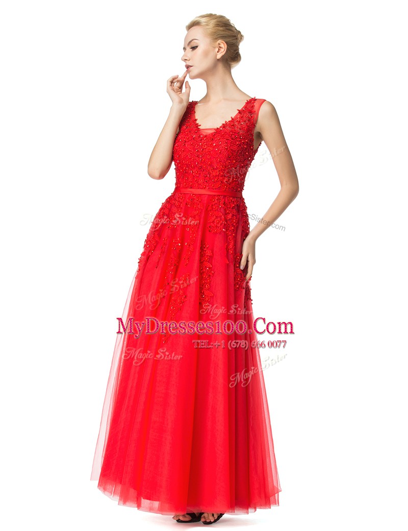 Captivating Empire Prom Evening Gown Red V-neck Tulle Sleeveless Floor Length Lace Up