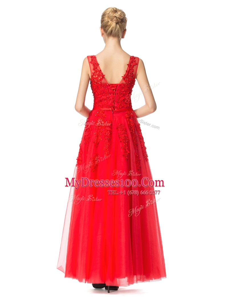 Captivating Empire Prom Evening Gown Red V-neck Tulle Sleeveless Floor Length Lace Up