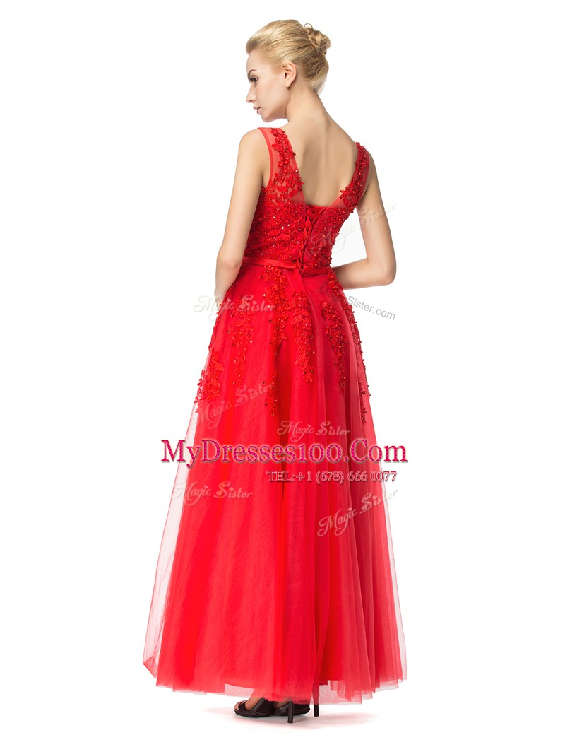 Captivating Empire Prom Evening Gown Red V-neck Tulle Sleeveless Floor Length Lace Up