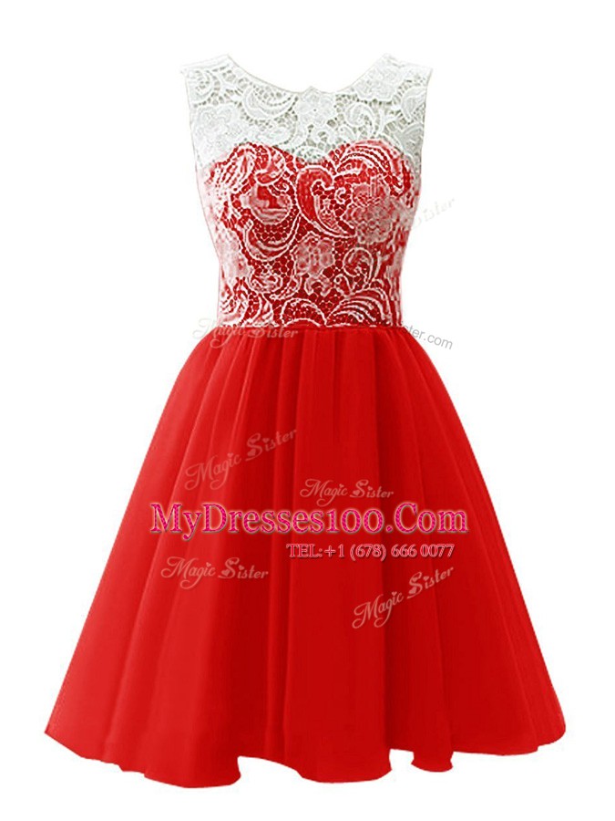 Scoop Mini Length Red Party Dress for Girls Chiffon Sleeveless Lace