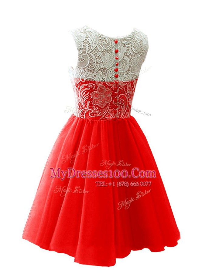 Scoop Mini Length Red Party Dress for Girls Chiffon Sleeveless Lace