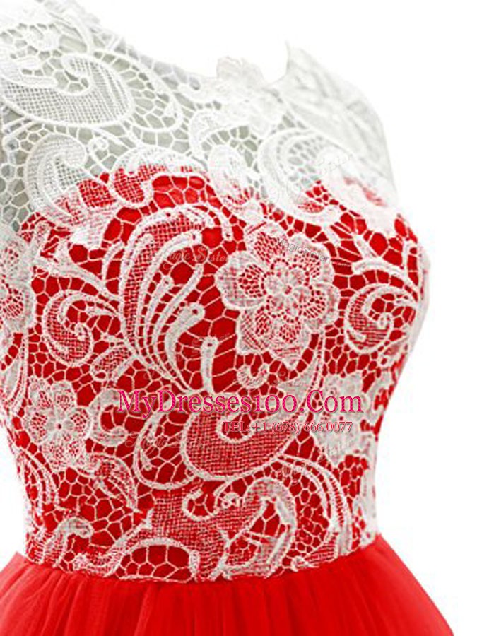 Scoop Mini Length Red Party Dress for Girls Chiffon Sleeveless Lace