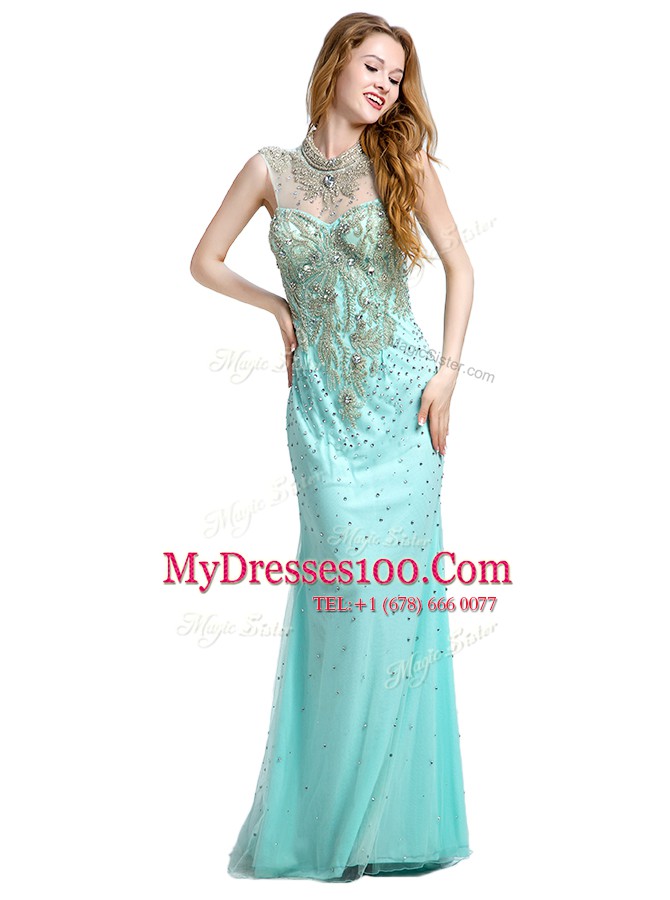 Elegant Turquoise Column/Sheath Beading Prom Dresses Zipper Tulle Sleeveless With Train