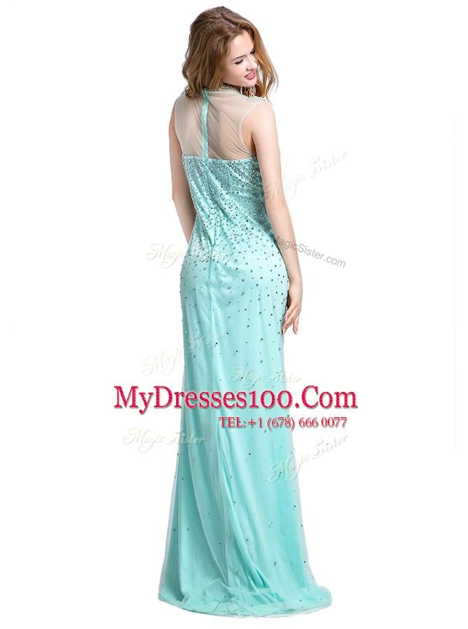 Elegant Turquoise Column/Sheath Beading Prom Dresses Zipper Tulle Sleeveless With Train