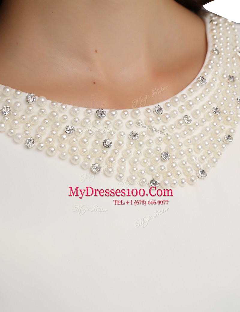 Scoop Printed White Sleeveless Beading and Pattern Mini Length Prom Gown