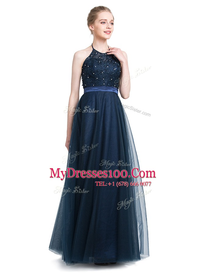 Suitable Halter Top Sleeveless Floor Length Beading Zipper Evening Dress with Navy Blue