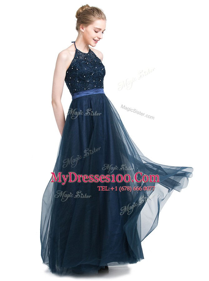 Suitable Halter Top Sleeveless Floor Length Beading Zipper Evening Dress with Navy Blue