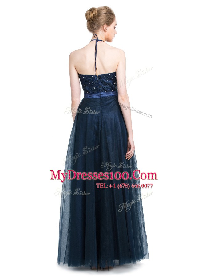 Suitable Halter Top Sleeveless Floor Length Beading Zipper Evening Dress with Navy Blue