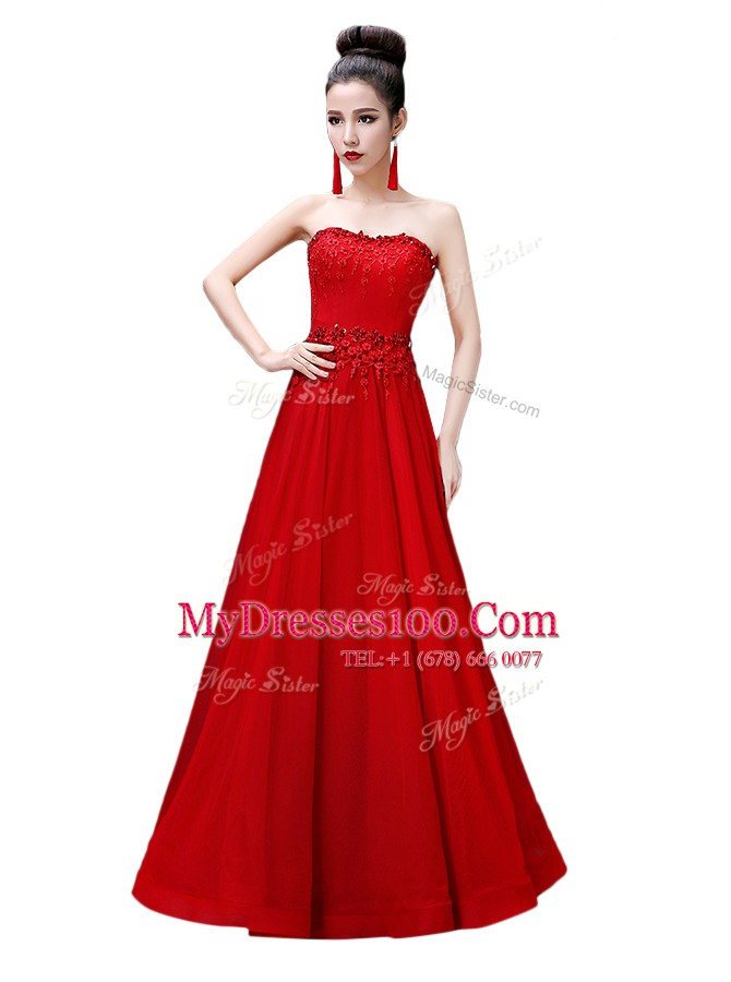 Red Sleeveless Beading Floor Length Prom Dress
