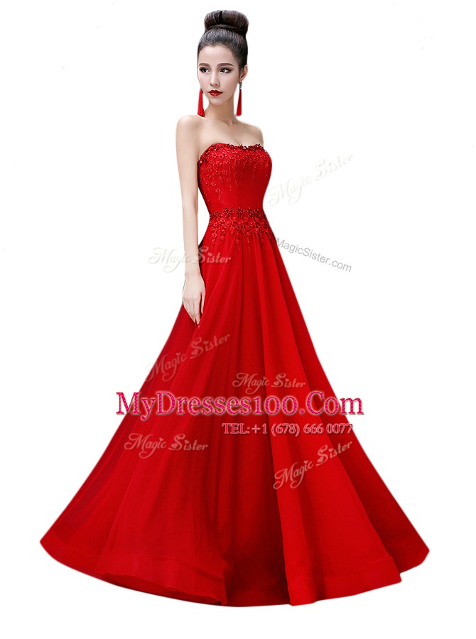 Red Sleeveless Beading Floor Length Prom Dress