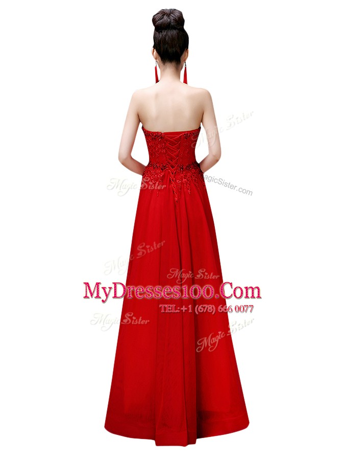 Red Sleeveless Beading Floor Length Prom Dress