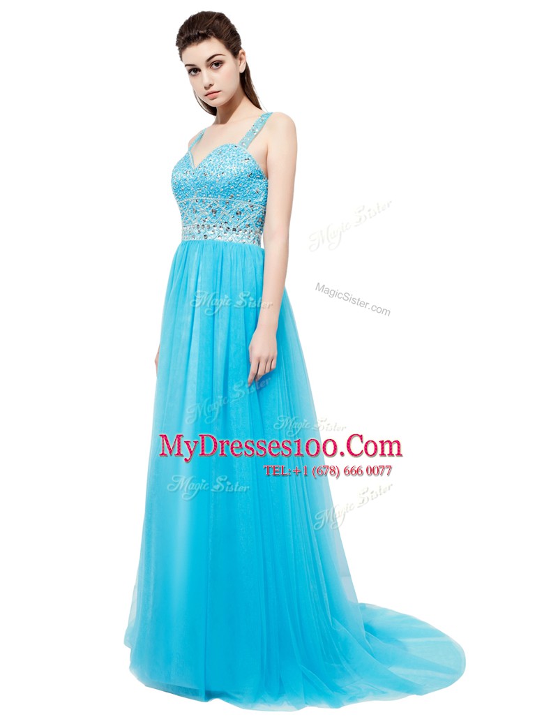 Aqua Blue Sleeveless Brush Train Beading With Train Prom Evening Gown