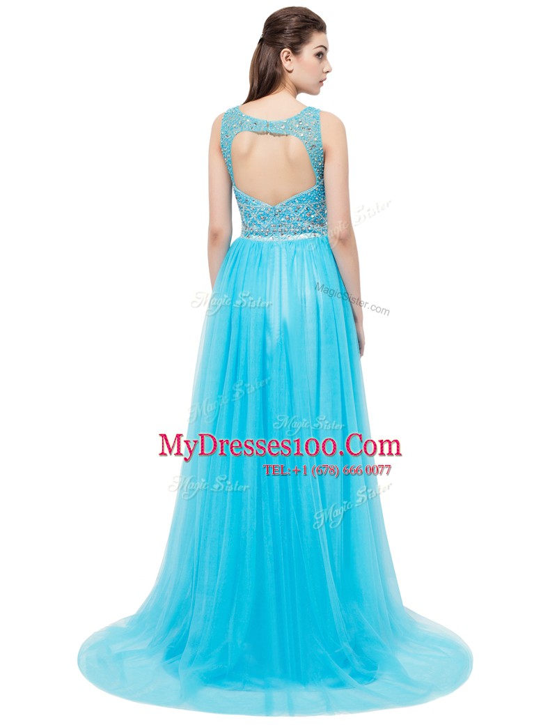 Aqua Blue Sleeveless Brush Train Beading With Train Prom Evening Gown