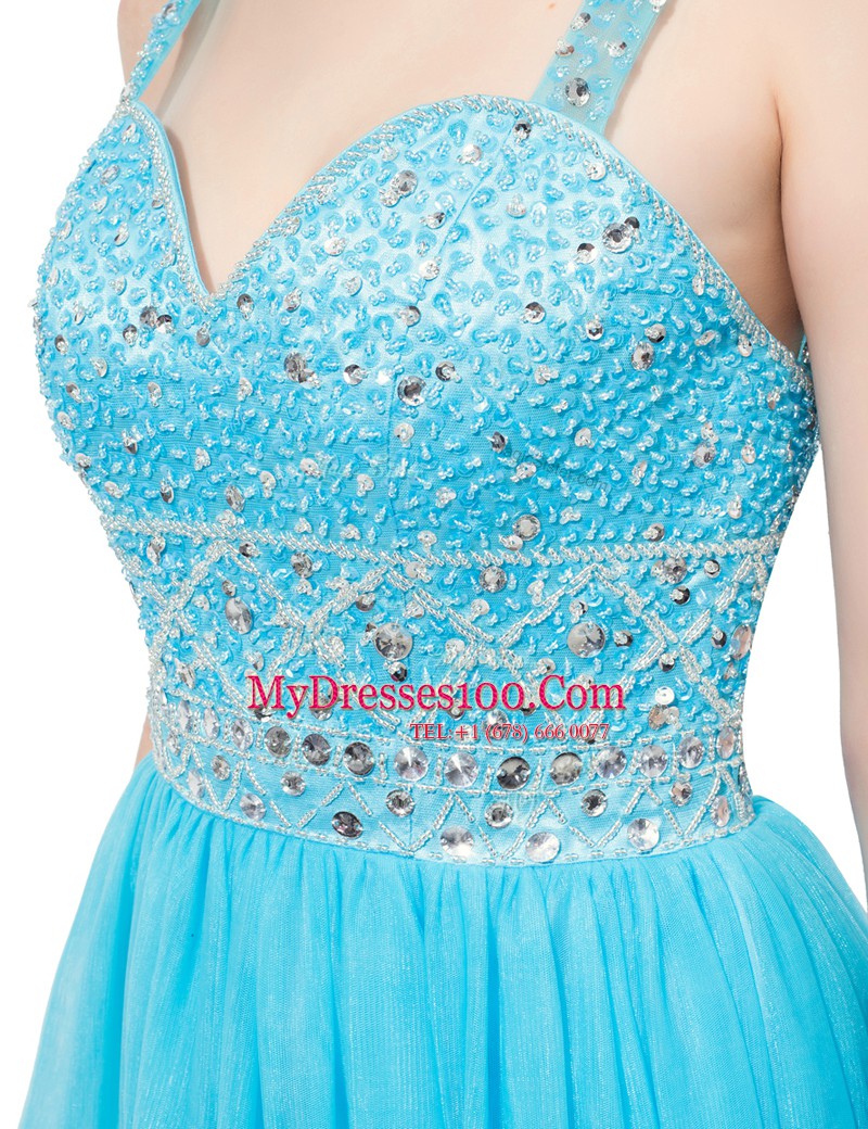 Aqua Blue Sleeveless Brush Train Beading With Train Prom Evening Gown