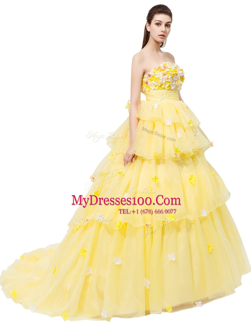 Yellow Organza Lace Up Strapless Sleeveless With Train Prom Party Dress Ruffled Layers and Hand Made Flower