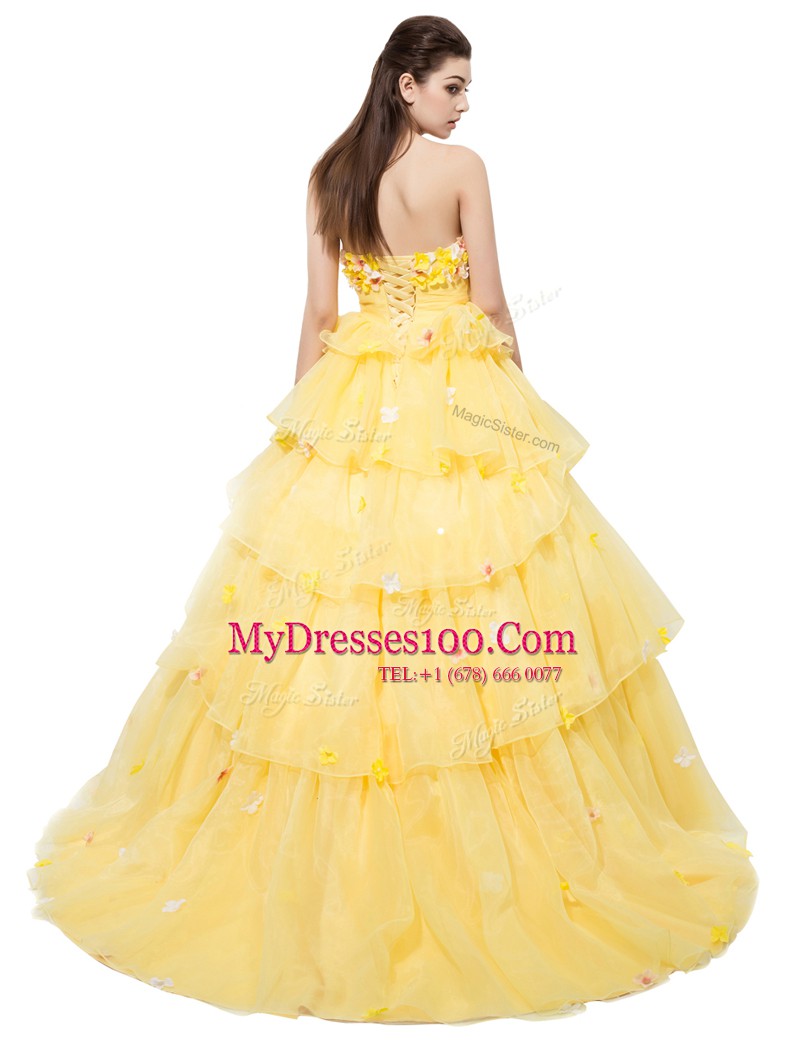 Yellow Organza Lace Up Strapless Sleeveless With Train Prom Party Dress Ruffled Layers and Hand Made Flower