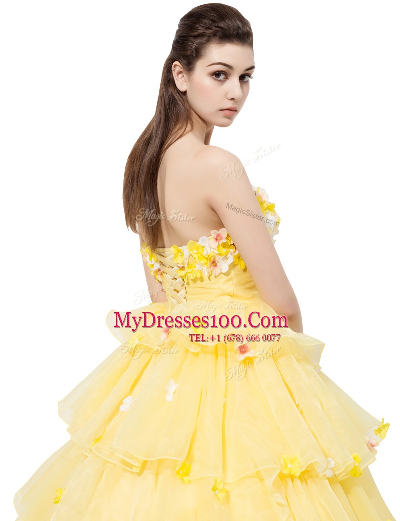 Yellow Organza Lace Up Strapless Sleeveless With Train Prom Party Dress Ruffled Layers and Hand Made Flower