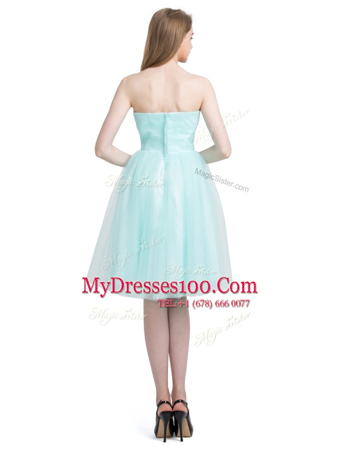 Turquoise Sleeveless Knee Length Ruching Zipper Prom Dresses