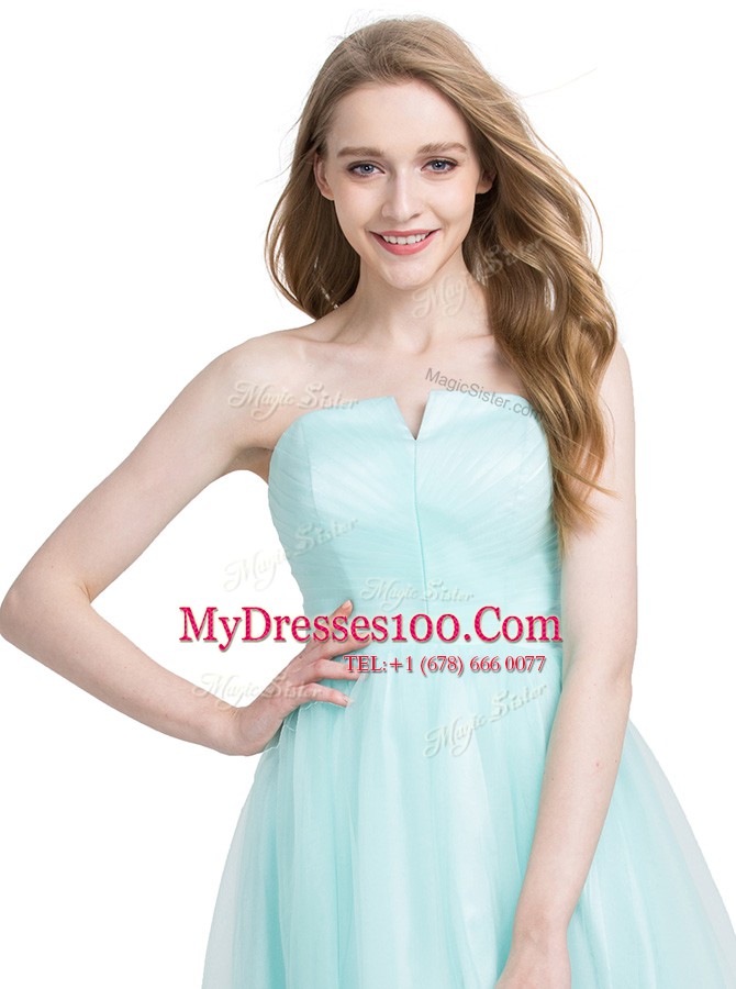 Turquoise Sleeveless Knee Length Ruching Zipper Prom Dresses