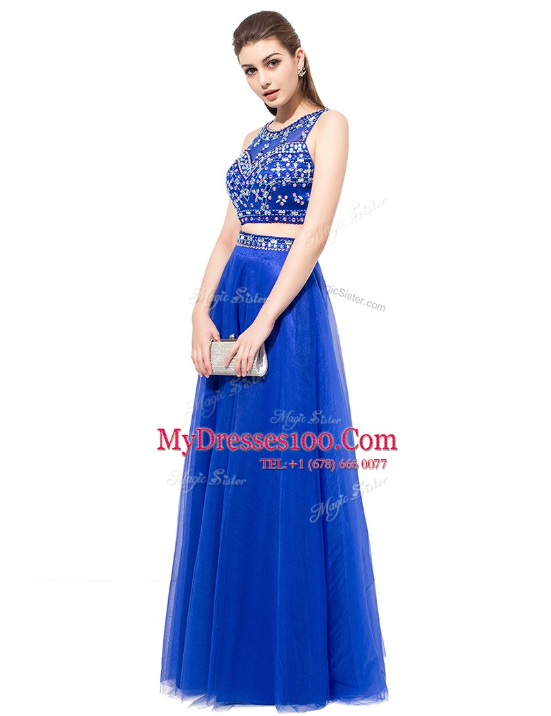 Scoop Royal Blue Sleeveless Tulle Lace Up Prom Dresses for Prom and Party