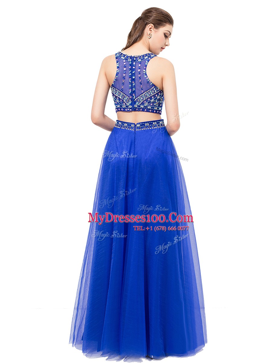 Scoop Royal Blue Sleeveless Tulle Lace Up Prom Dresses for Prom and Party