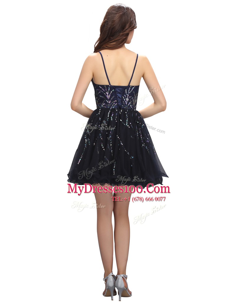 Clearance Black Lace Up Prom Dress Sequins Sleeveless Mini Length