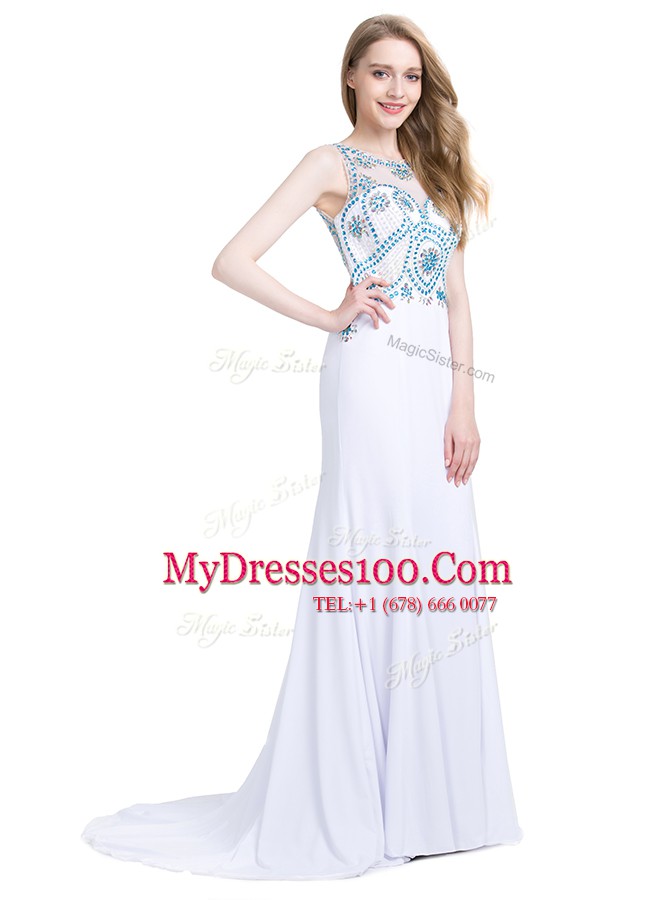 Pretty Scoop With Train Zipper Evening Dress White for Prom and Party with Beading Brush Train
