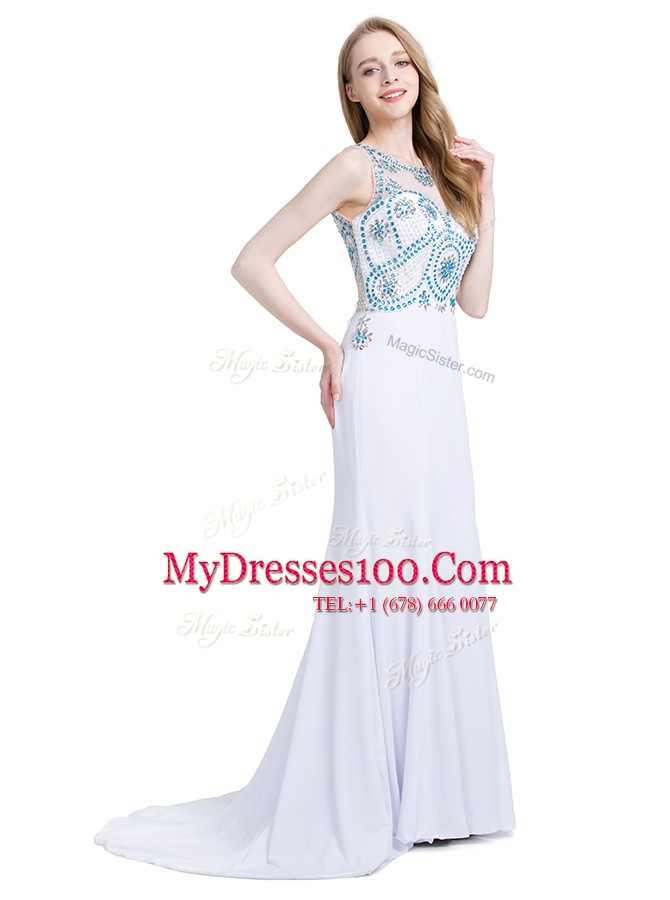 Pretty Scoop With Train Zipper Evening Dress White for Prom and Party with Beading Brush Train