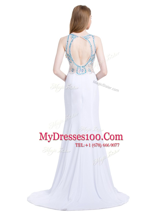 Pretty Scoop With Train Zipper Evening Dress White for Prom and Party with Beading Brush Train