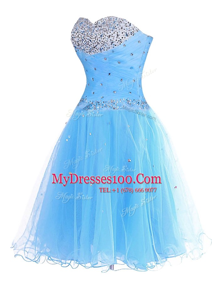 Sweet Blue Sleeveless Beading Mini Length Teens Party Dress