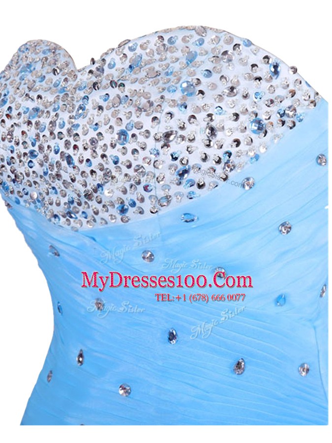Sweet Blue Sleeveless Beading Mini Length Teens Party Dress