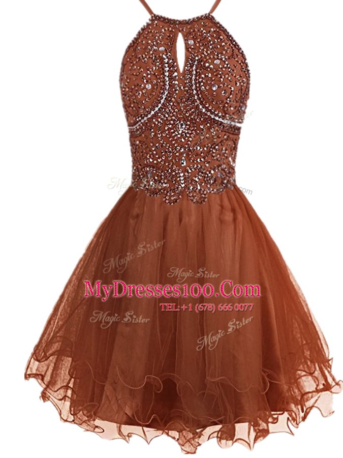 Fine Halter Top Mini Length Zipper Cocktail Dresses Brown for Prom and Party with Beading