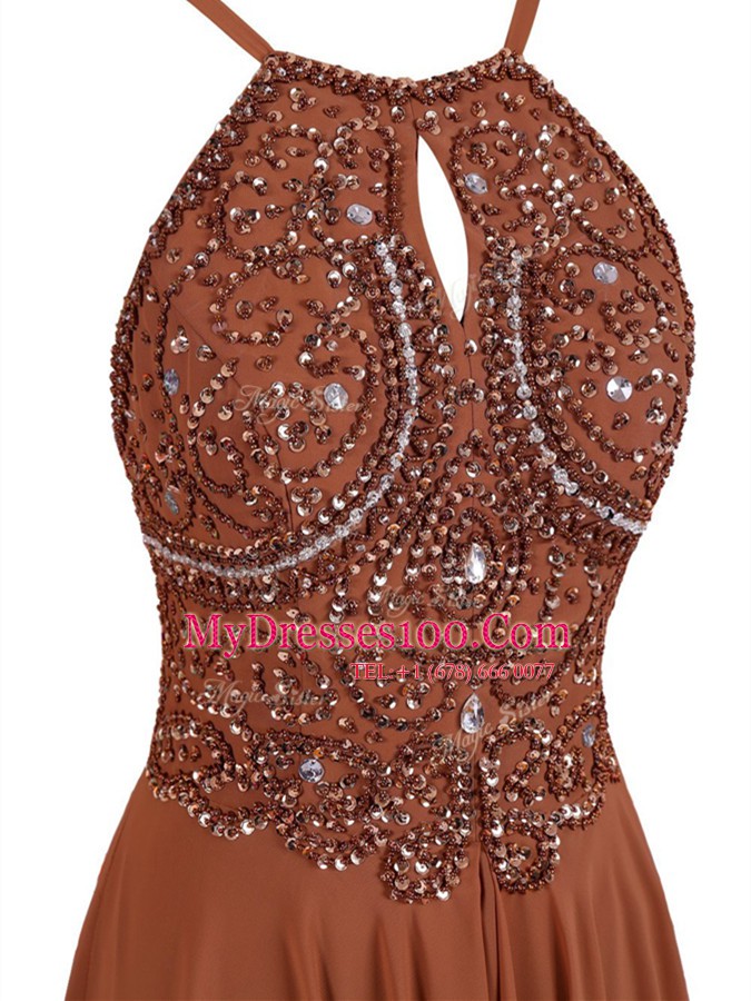 Fine Halter Top Mini Length Zipper Cocktail Dresses Brown for Prom and Party with Beading